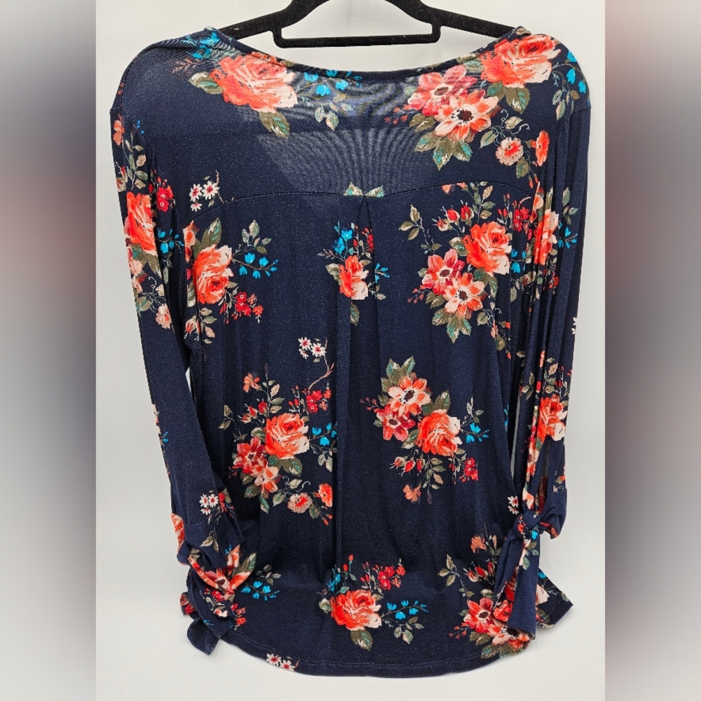 Beacon Women's Floral V-Neck Faux Wrap Blouse - Navy and Red  Size L - Picture 3 of 12